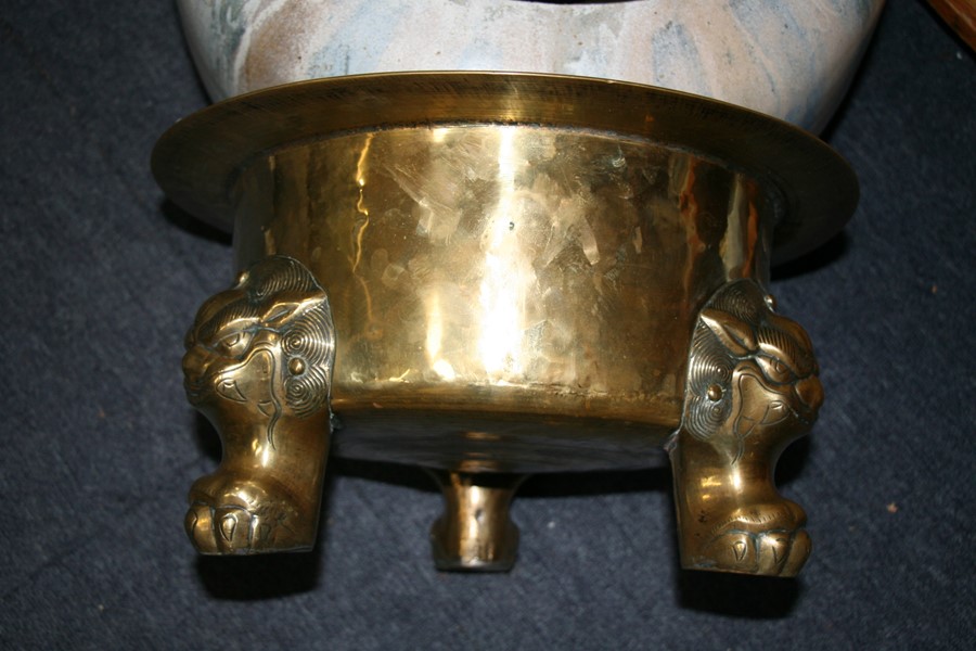 A large polished bronze Chinese censer on three lion mask paw legs, 39cms (15.25ins) diameter. - Image 7 of 7