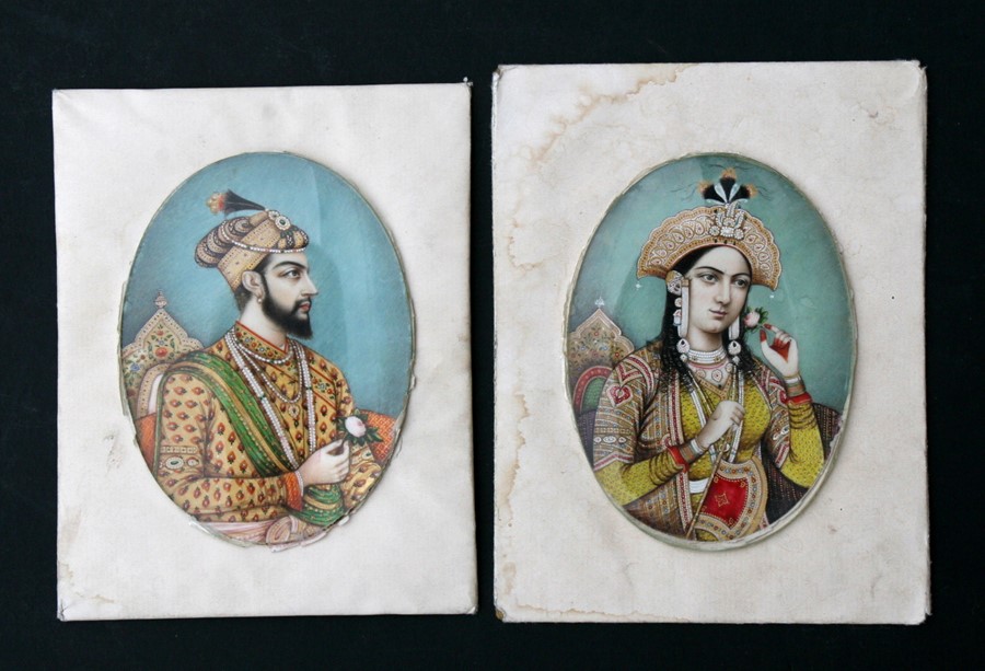 A pair of 19th century Indian portrait miniature paintings depicting Shah Jahan and Mumtaz Mahal,