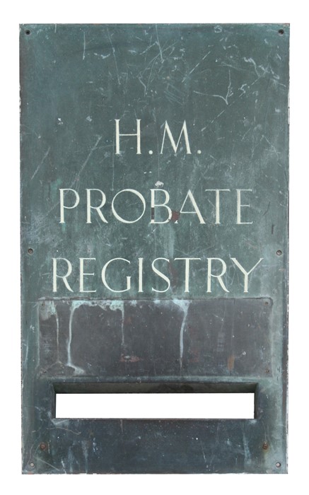 A bronze HM REGISTRY PROBATE letter box for mounting in a wall. 39.5cms (15.5ins) by 66cms (26ins)