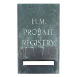 A bronze HM REGISTRY PROBATE letter box for mounting in a wall. 39.5cms (15.5ins) by 66cms (26ins)