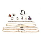 Three faux pearl necklaces with silver clasps; together with a quantity of silver jewellery to