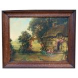 Early 20th century school - Thatched Country Cottage Scene - oil on board, framed, 49 by 37cms (19.