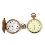 A gold plated cased full hunter pocket watch, the enamel dial with Roman numerals and subsidiary