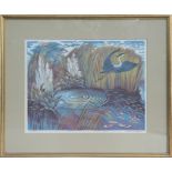 Clifford Webb (1895-1972)‘Heron’ woodcut of a heron in pool with rushes, signed in pencil and