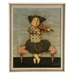 J Roybal - Stylised Figure Seated on a Stool Playing a Violin - signed lower right, oil on canvas,