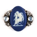 A late 19th century Indian silver mounted Wedgwood jasperware brooch set with moonstones and