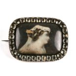 An early Victorian gold mourning brooch, set a glazed en grisaille portrait within a border of