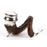 A rams horn and silver plated table snuff mull with engraved inscription 'John Smith, The Brewery,