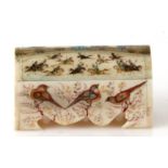 A Persian bone casket, the top decorated with horses and riders, the body decorated with birds