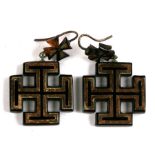 A pair of Victorian tortoiseshell piquet work earrings in the form of crosses.