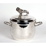 A silver plated two-handled ice bucket with inset ceramic pot and surmounted with a lion, 22cms (8.