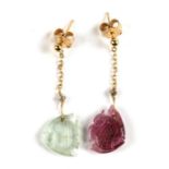 A pair of 18ct gold carved pink and blue tourmaline drop earrings in the form of fish.