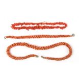 A pink coral bead necklace; together with matching bracelet and a stick coral necklace.