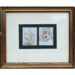 A pair of miniature pen & ink drawings depicting an English Officer in the Indian Raj bathing, famed