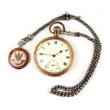 A silver double Albert pocket watch chain with gold plated open faced pocket watch and enamelled