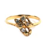 An 18ct gold and six stone diamond ring of naturalistic form, 2.4g. Approx. UK size P.