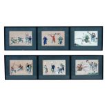 A Set of six Chinese watercolour paintings on pith paper depicting boys at exercise and sport