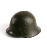 A military tin helmet with leather liner, together with a water bottle.