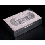 A silver table cigarette box, London 1959, the top engraved with a manor house, 17cms (6.75ins)