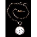 A white metal 'bicycle chain' style double Albert, with silver pocket watch and key, Birmingham