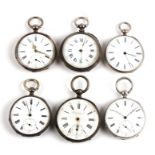 A group of six white metal cased open faced pocket watches