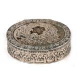 A continental silver oval snuff box decorated with harp, quiver of arrows and doves, 5cms (2ins)