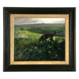 Sam Dodd - Black Retriever with a Stick - signed and dated 1999 lower right, oil on board, framed,