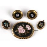 A yellow metal mounted pietra dura brooch & button, together with micromosaic buttons and enamel