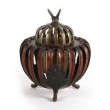 A Japanese bronze open work censer with butterfly finial, 16cms (6.25ins) high.