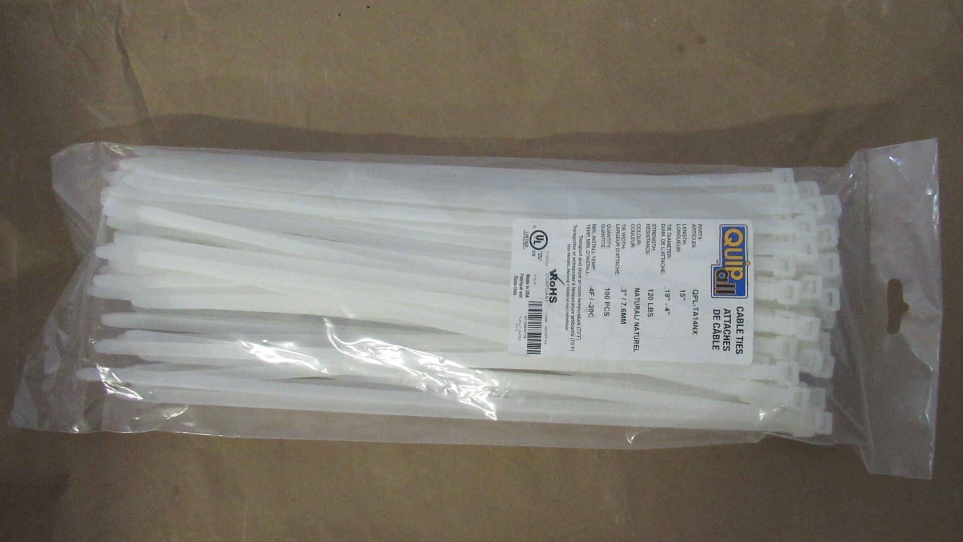 PKG DE 100 PC 15" CABLE TIES QUIP ALL E197024 -NOIR