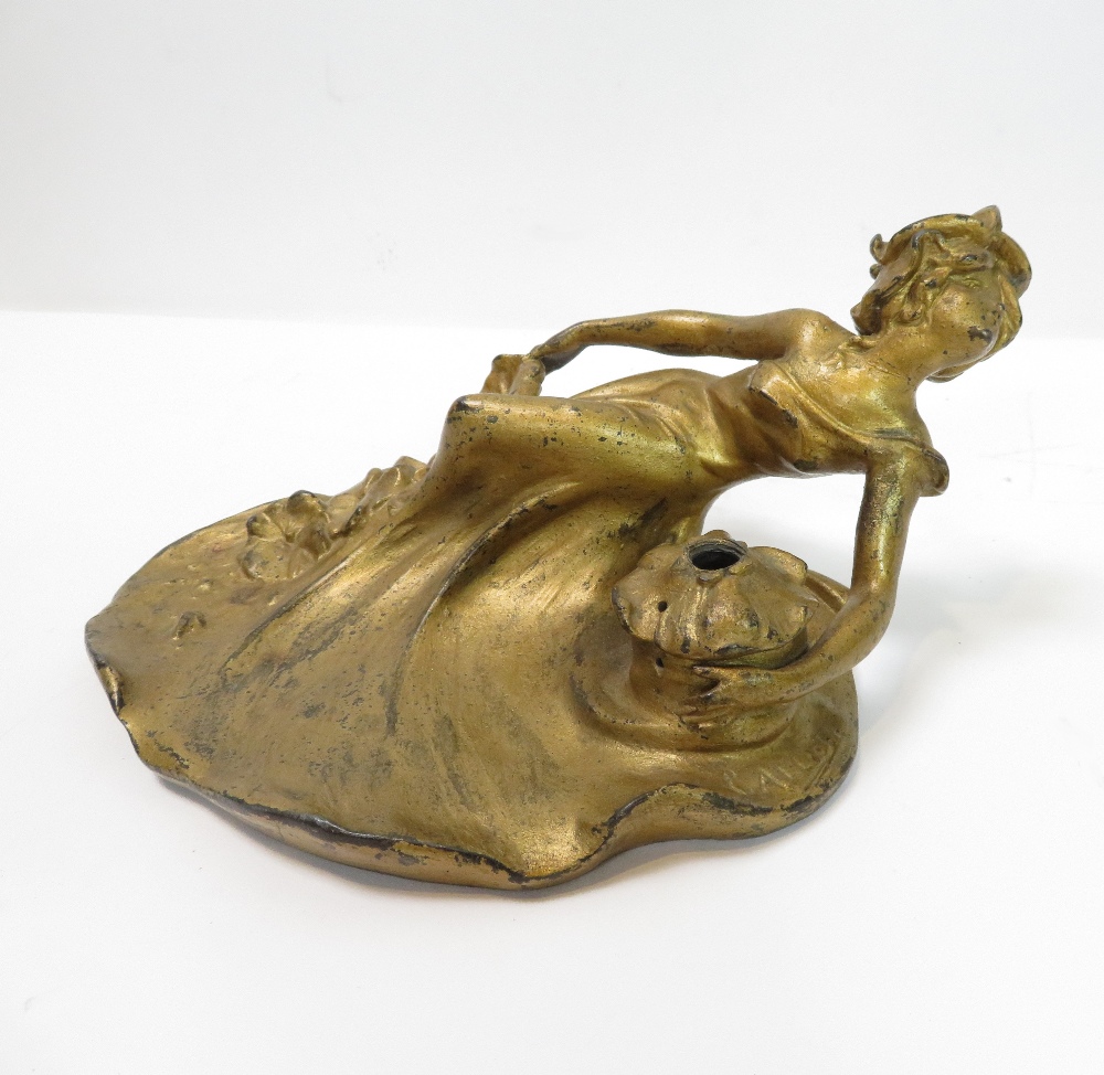An Art Nouveau French gilt metal desk stand modelled as a young woman in flowing dress with flowers, - Image 2 of 9