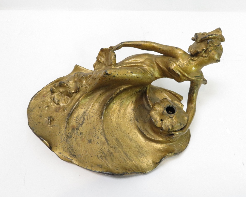 An Art Nouveau French gilt metal desk stand modelled as a young woman in flowing dress with flowers, - Image 3 of 9