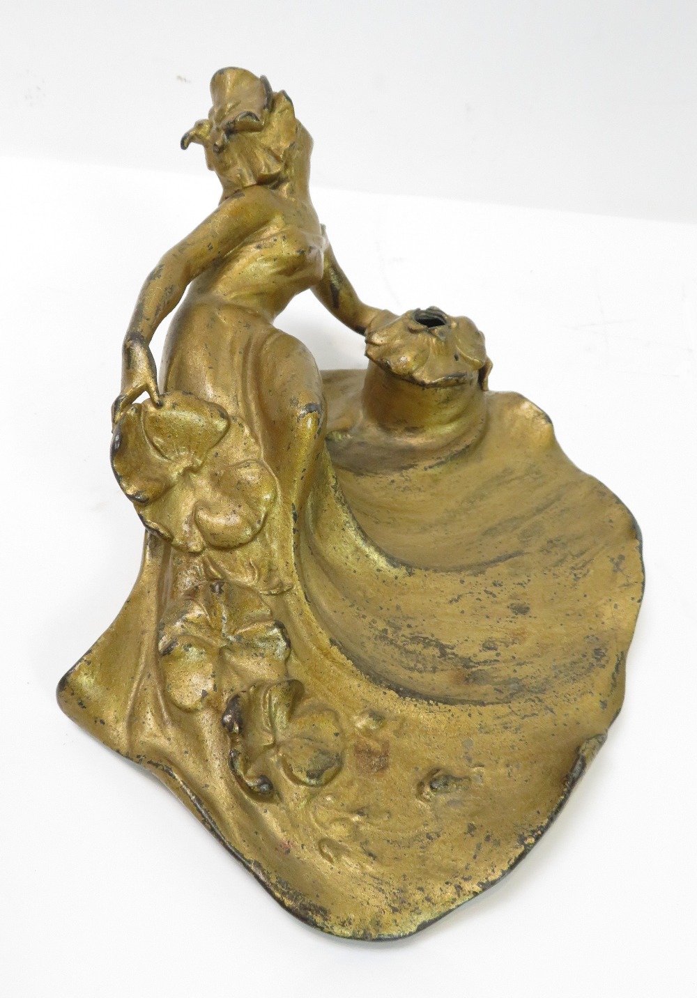 An Art Nouveau French gilt metal desk stand modelled as a young woman in flowing dress with flowers, - Image 4 of 9