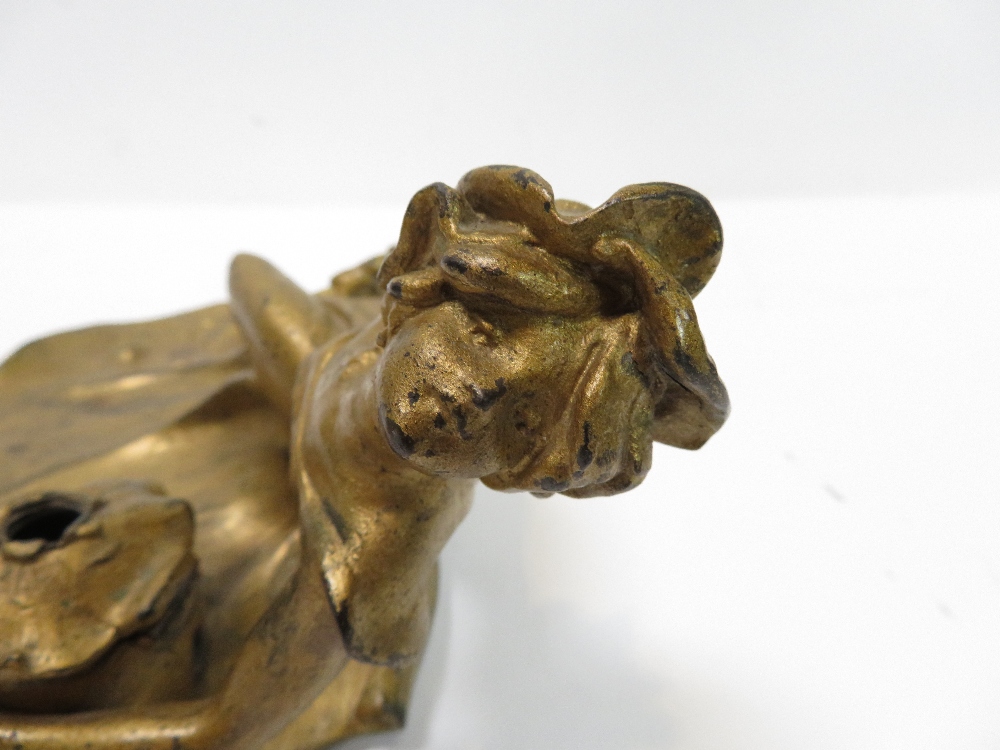 An Art Nouveau French gilt metal desk stand modelled as a young woman in flowing dress with flowers, - Image 7 of 9
