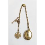 An unmarked oval locket with enamel Greek key decoration; a belcher link chain, the swivel clasp