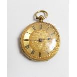 A late Victorian 18 carat gold open faced fob watch, the gold dial with black Roman numerals and