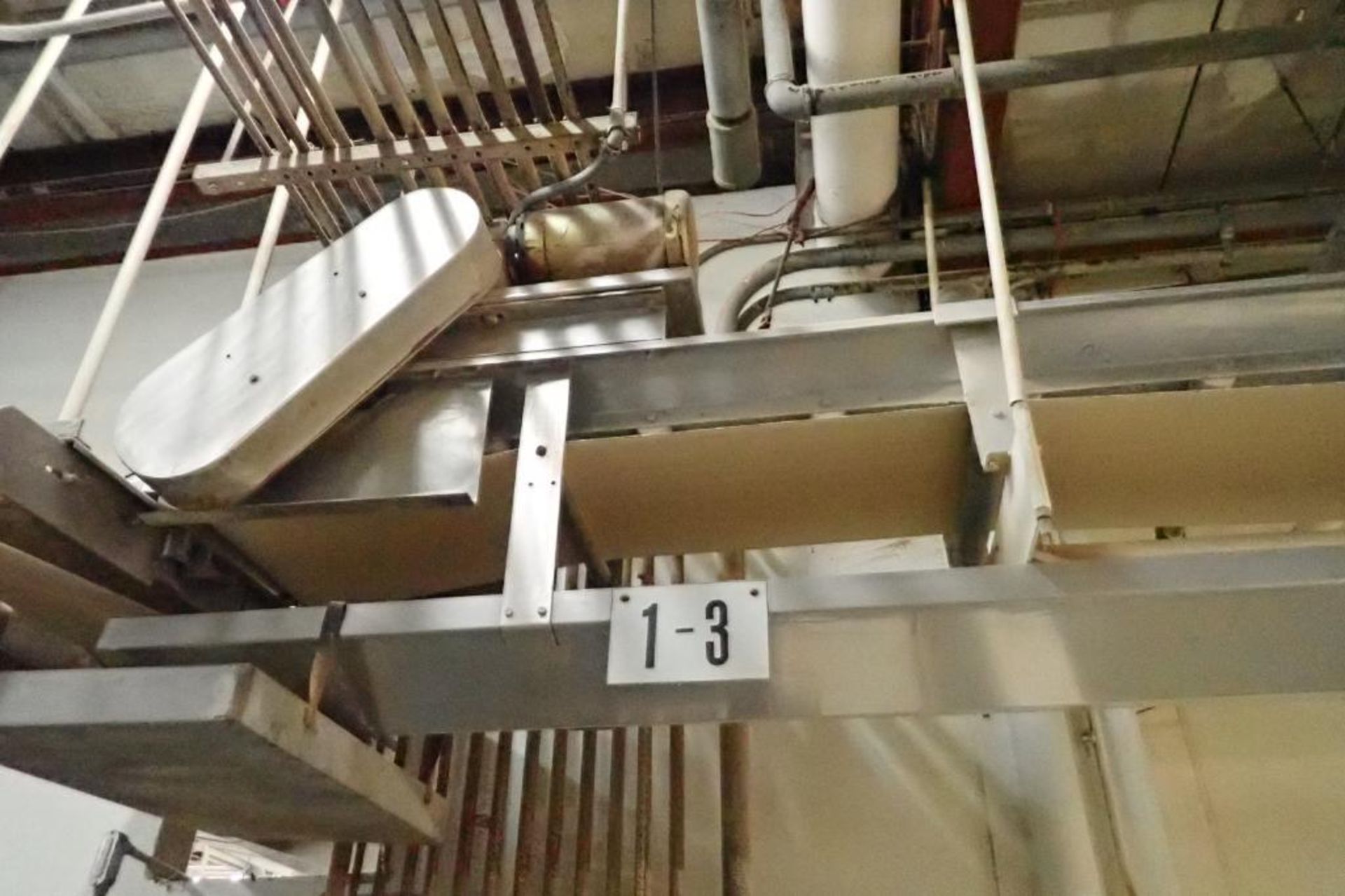 SS belt conveyor, 120 ft. long x 18 in. wide, suspended from ceiling, with motor and drive. **Riggin - Image 6 of 7
