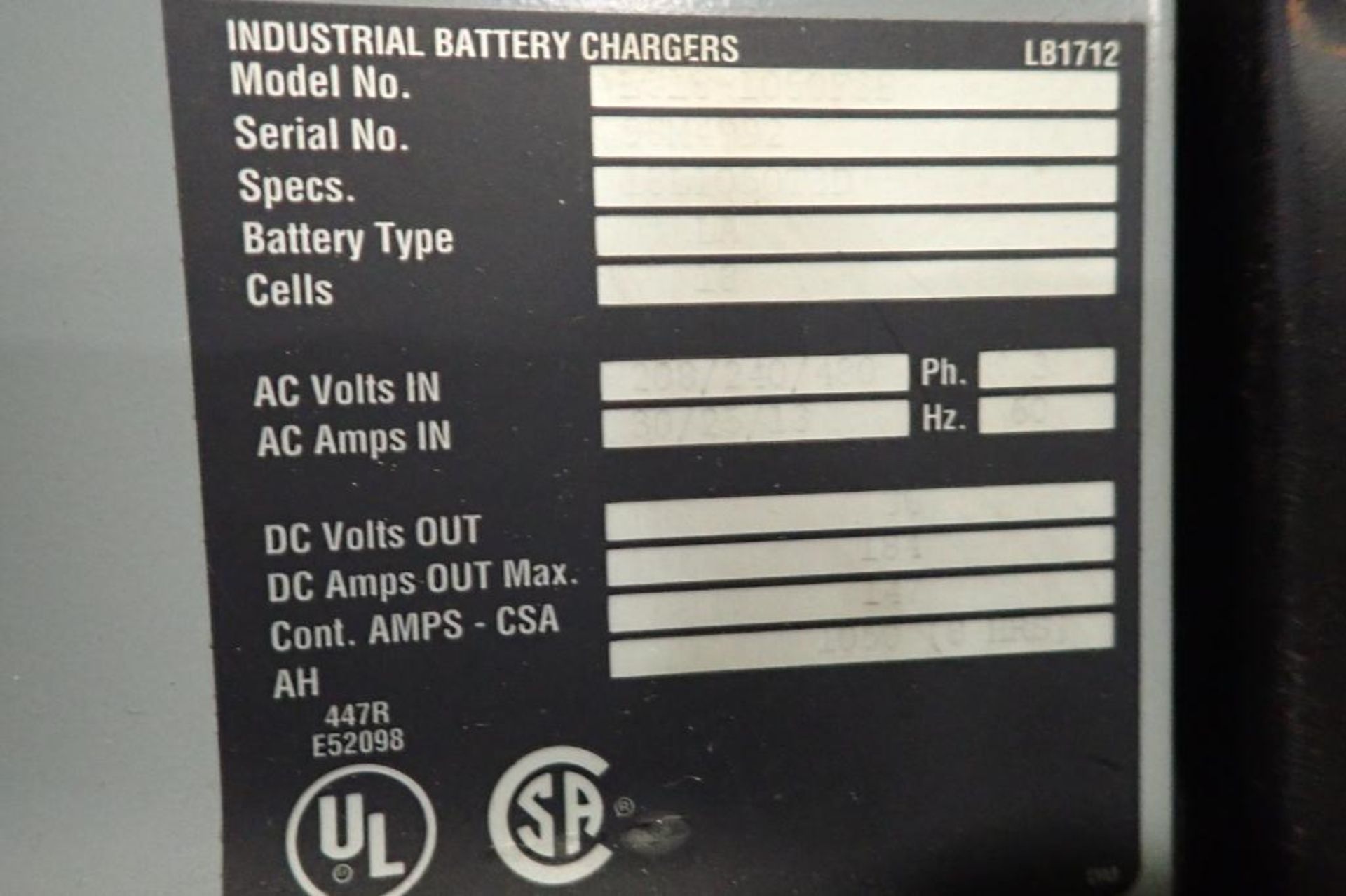 Hawker 36 volt battery charger, Model LG18-1050F3B, SN 98M4992, 18 cells, 208/240/480V. **Rigging Fe - Image 4 of 7