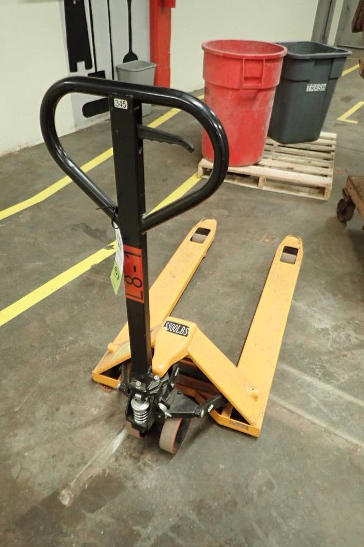 Global Industrial 5500 lb hand pallet jack, SN F684191, yellow. **Rigging Fee: $10** - Image 3 of 5