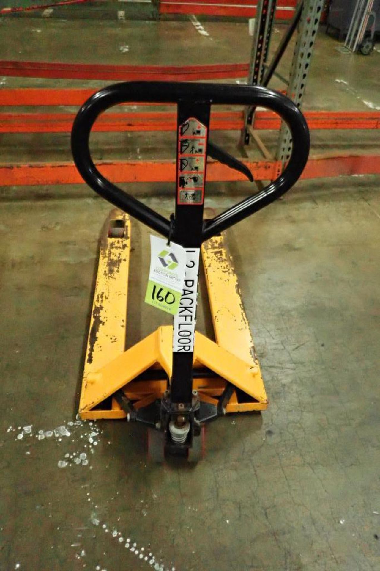 Global Industrial pallet jack, 5500 lb. capacity, SN E689044, yellow. **Rigging Fee: $10** - Image 3 of 5