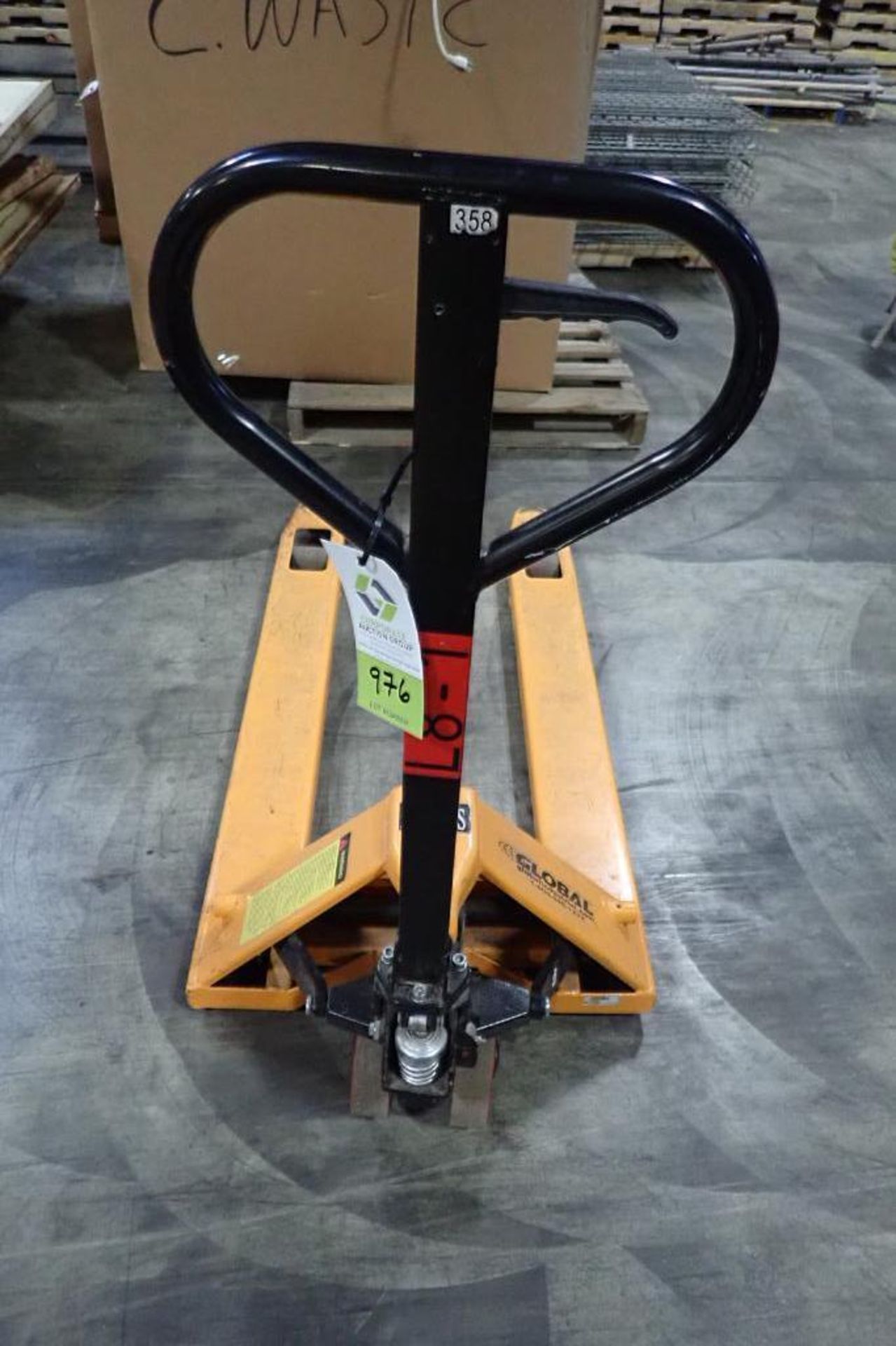 Global Industrial 5500 lb hand pallet jack, SN F684189, yellow. **Rigging Fee: $10** - Image 2 of 5