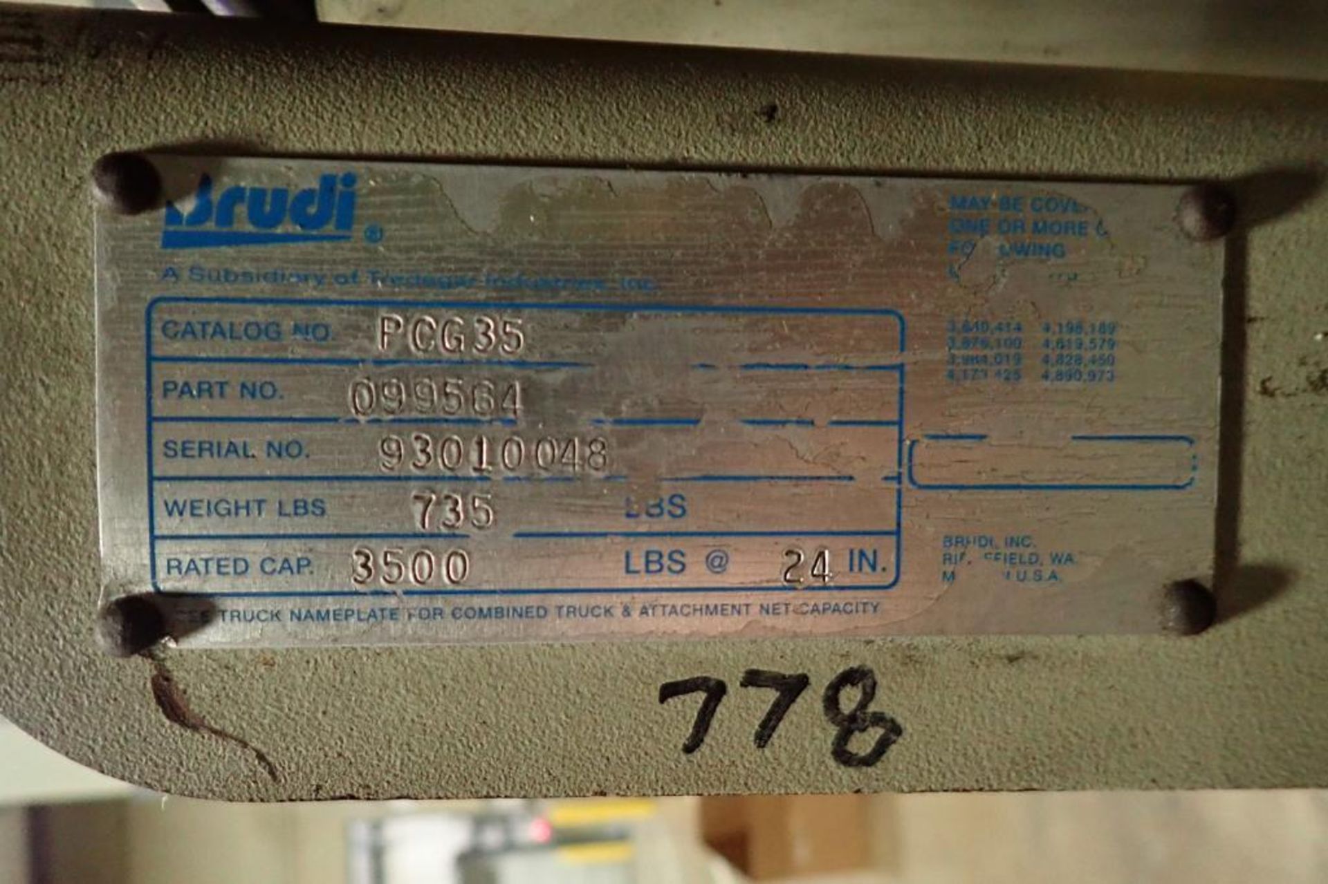 Brudi slip sheet attachment, part number PCG35, SN 93010048, 3,500 lb. capacity.. **Rigging Fee: $25 - Image 6 of 6