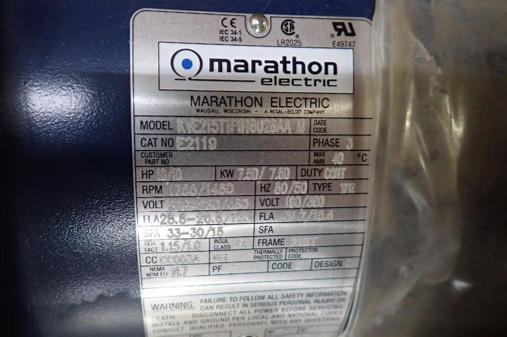 Unused Marathon electric motor, 10/10 HP, 1765/1460 rpm, 215T frame, 208-230/480V, 3 phase. **Riggin - Image 3 of 5