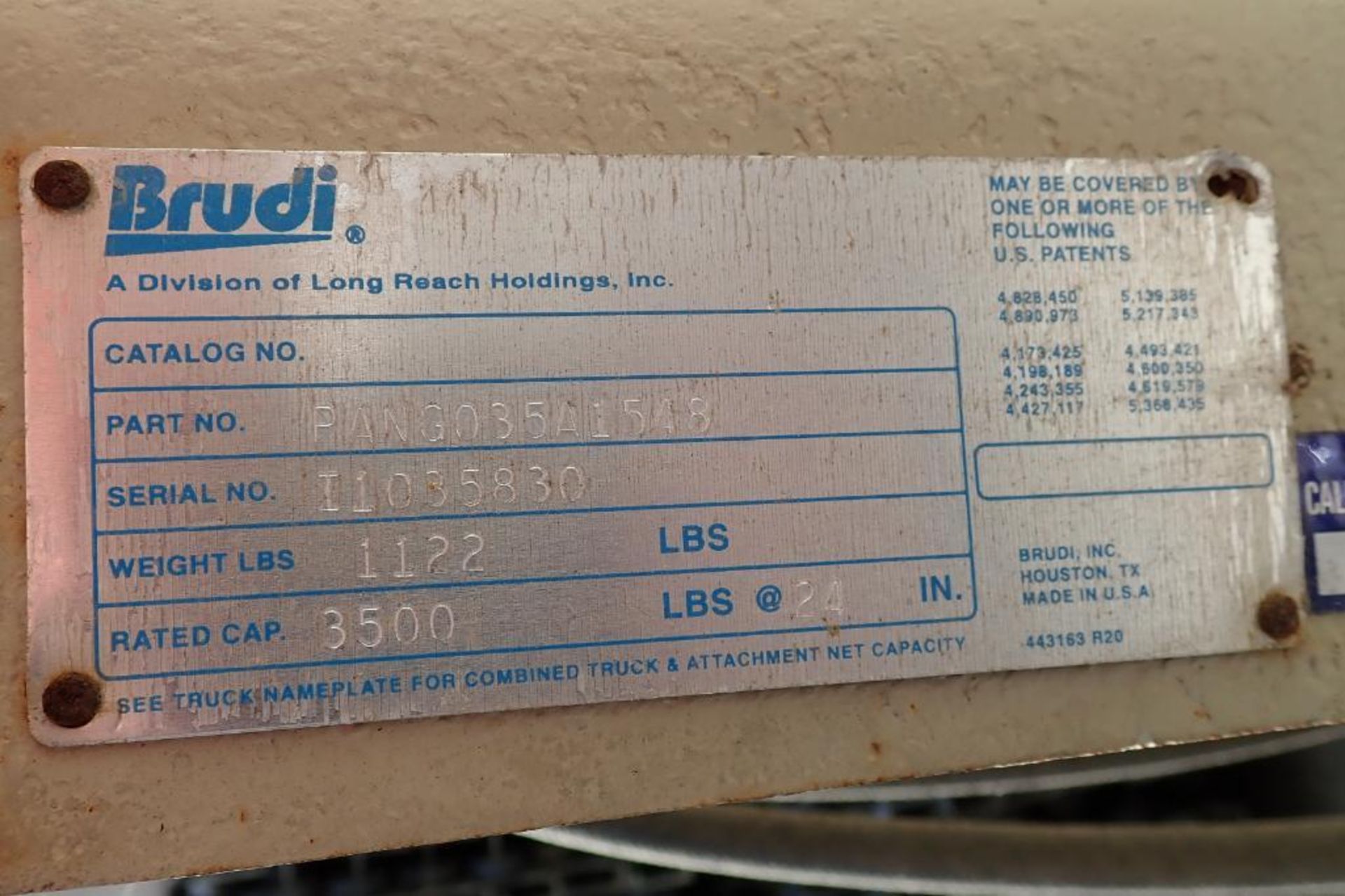 Brudi slip sheet attachment, part number PANG035A1548, SN I1035830, 3,500 lb. capacity.. **Rigging F - Image 5 of 5