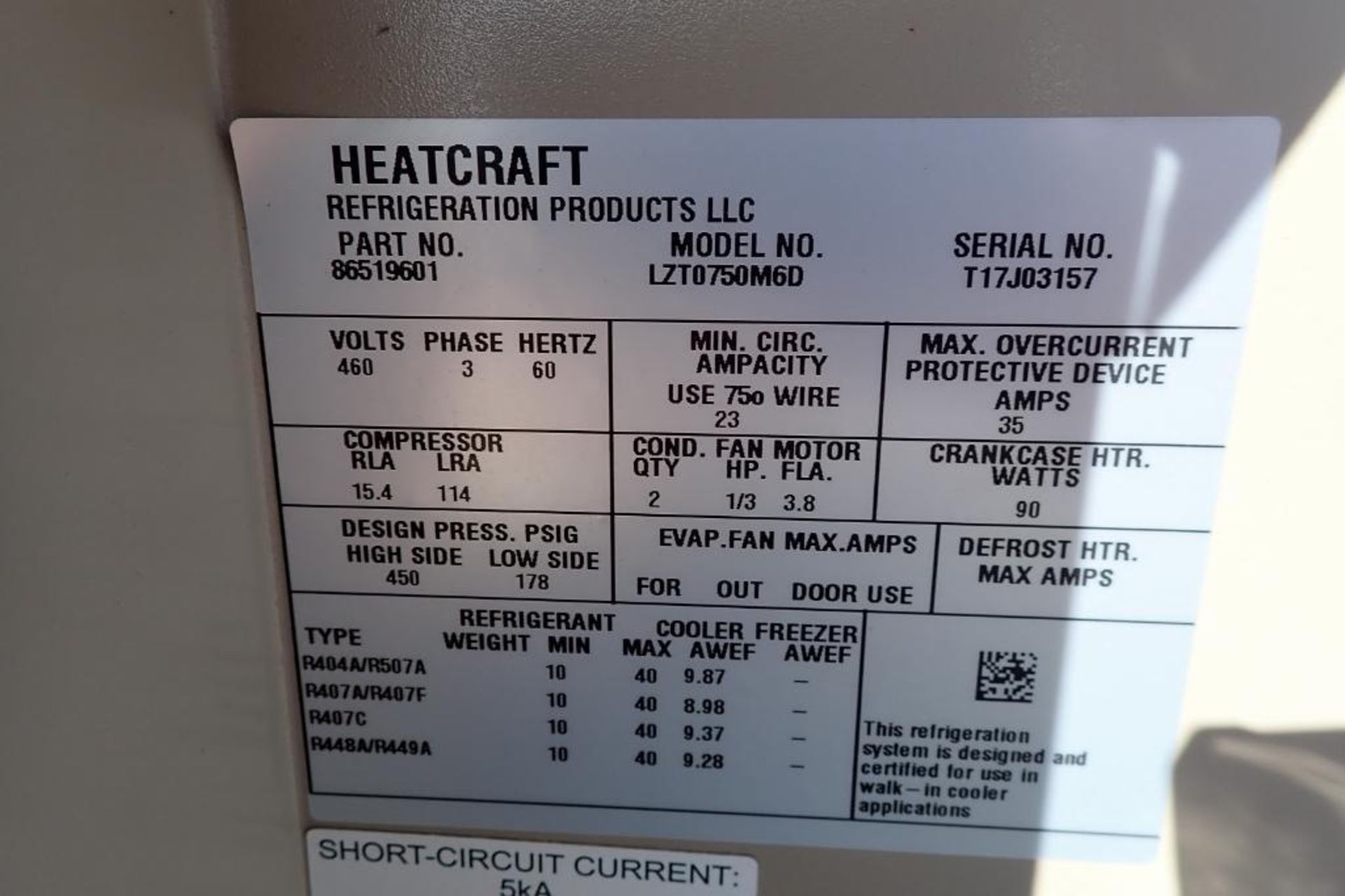 Heatcraft freon compressor, Model LZT0750M6D, 460 volt. **Rigging Fee: $1000** - Image 6 of 10