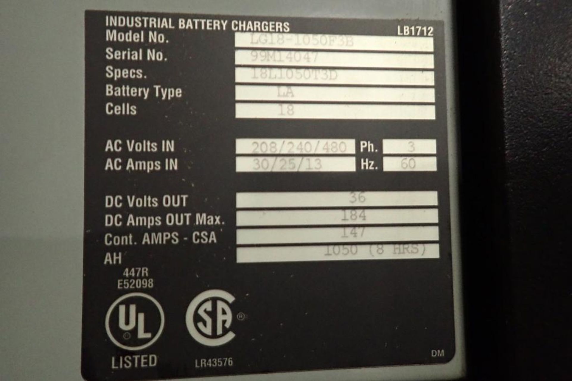 Hawker 36 volt battery charger, Model LG18-1050F3B, SN 99M14047, 18 cells, 208/240/480V. **Rigging F - Image 4 of 5