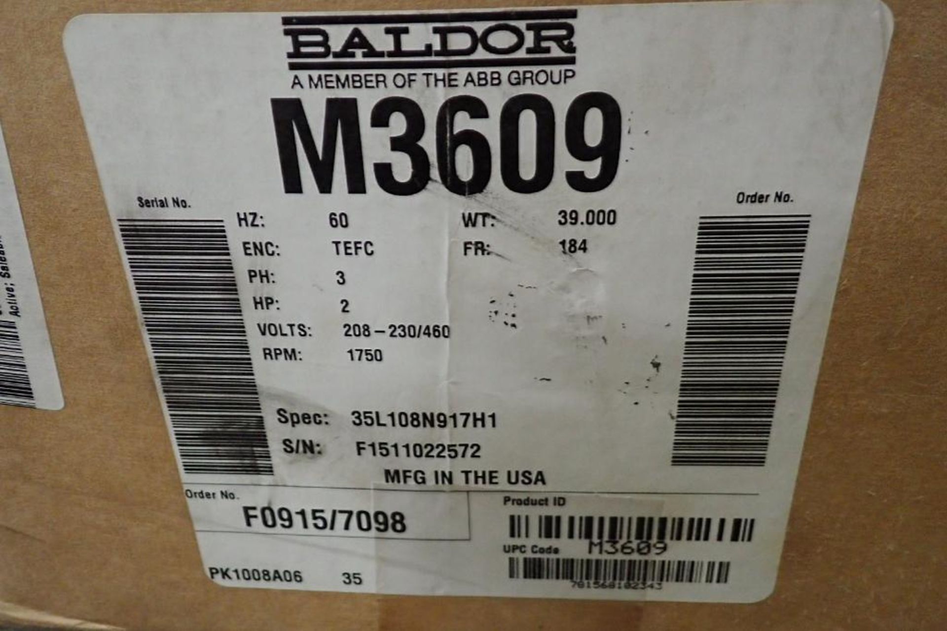 Unused Baldor AC motor, 2 hp, 1750 rpm, Frame 184, 208-230/460 volt, 3 ph.. **Rigging Fee: $10** - Image 5 of 6