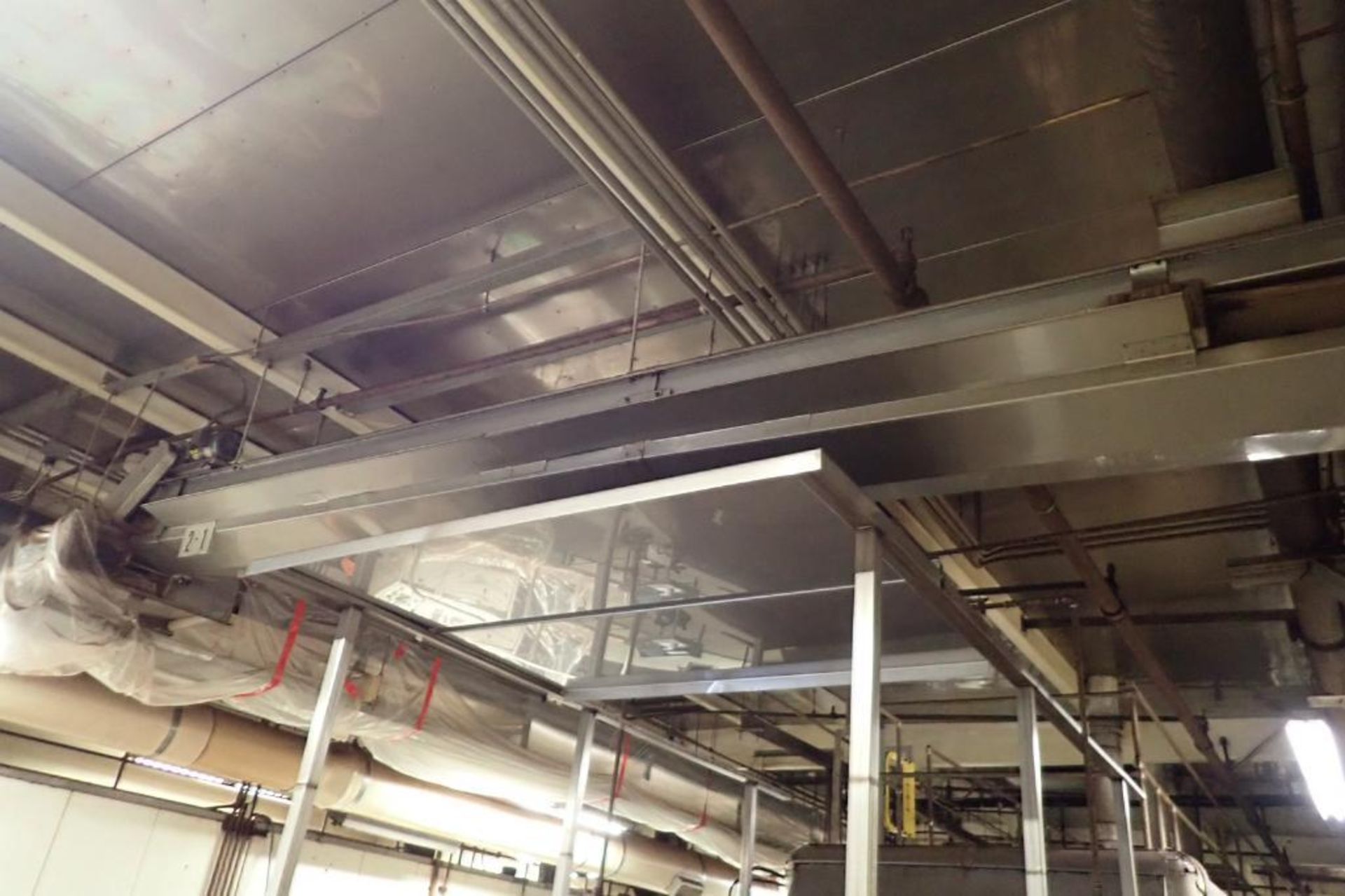 SS belt conveyor, 32 ft. long x 18 in. wide, suspended from ceiling. **Rigging Fee: $600** - Image 3 of 5