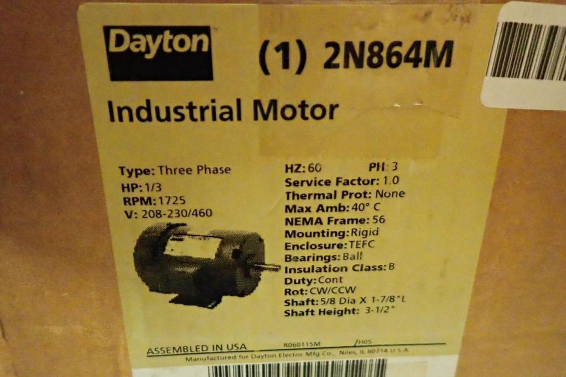 Unused Dayton AC motor, 1/3 hp, 1725 rpm, Frame 56, 208-230/460 volt. **Rigging Fee: $10** - Image 6 of 7
