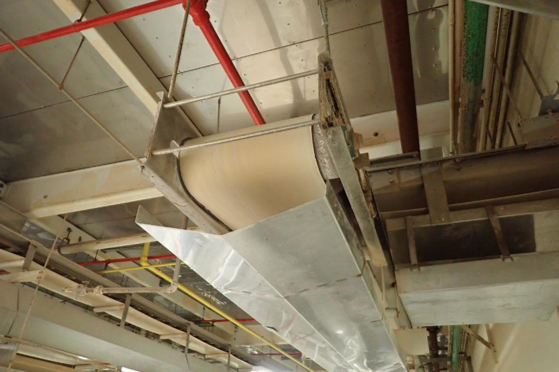 SS belt conveyor, 120 ft. long x 18 in. wide, suspended from ceiling, with motor and drive. **Riggin - Image 2 of 7